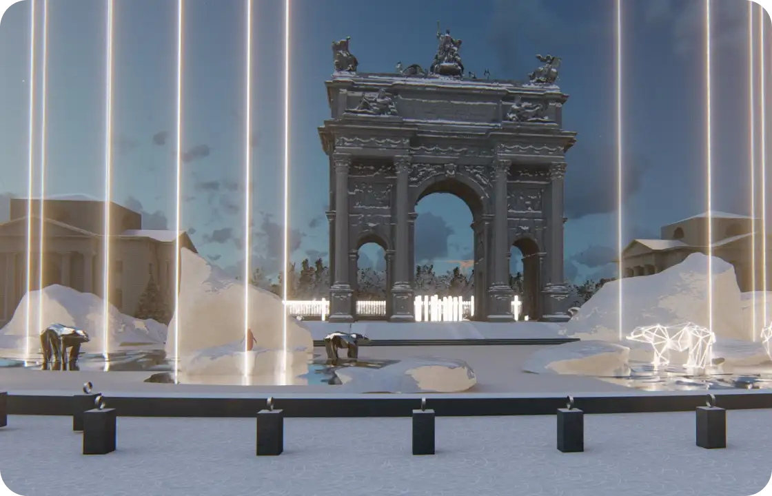 Arco trionfale classico illuminato da fasci di luce verticali in un ambiente notturno con sculture di orsi e grandi rocce intorno.
