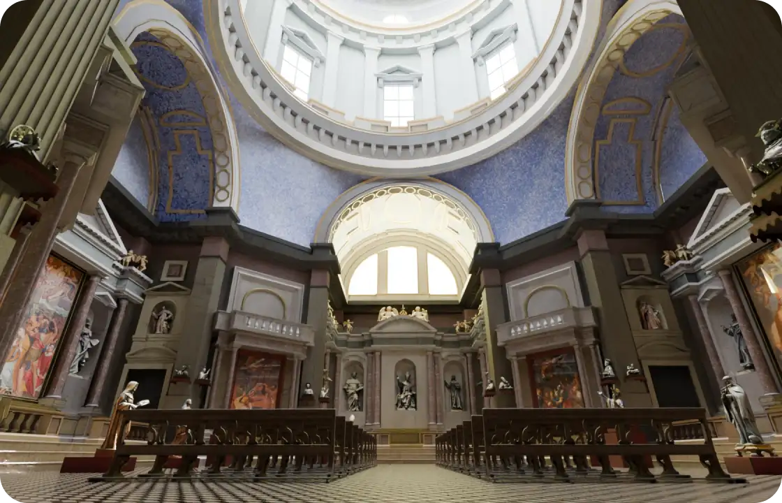 Interno di una chiesa con cupola alta, decorazioni dorate, statue, affreschi colorati e banchi in legno disposti ai lati di una navata centrale.