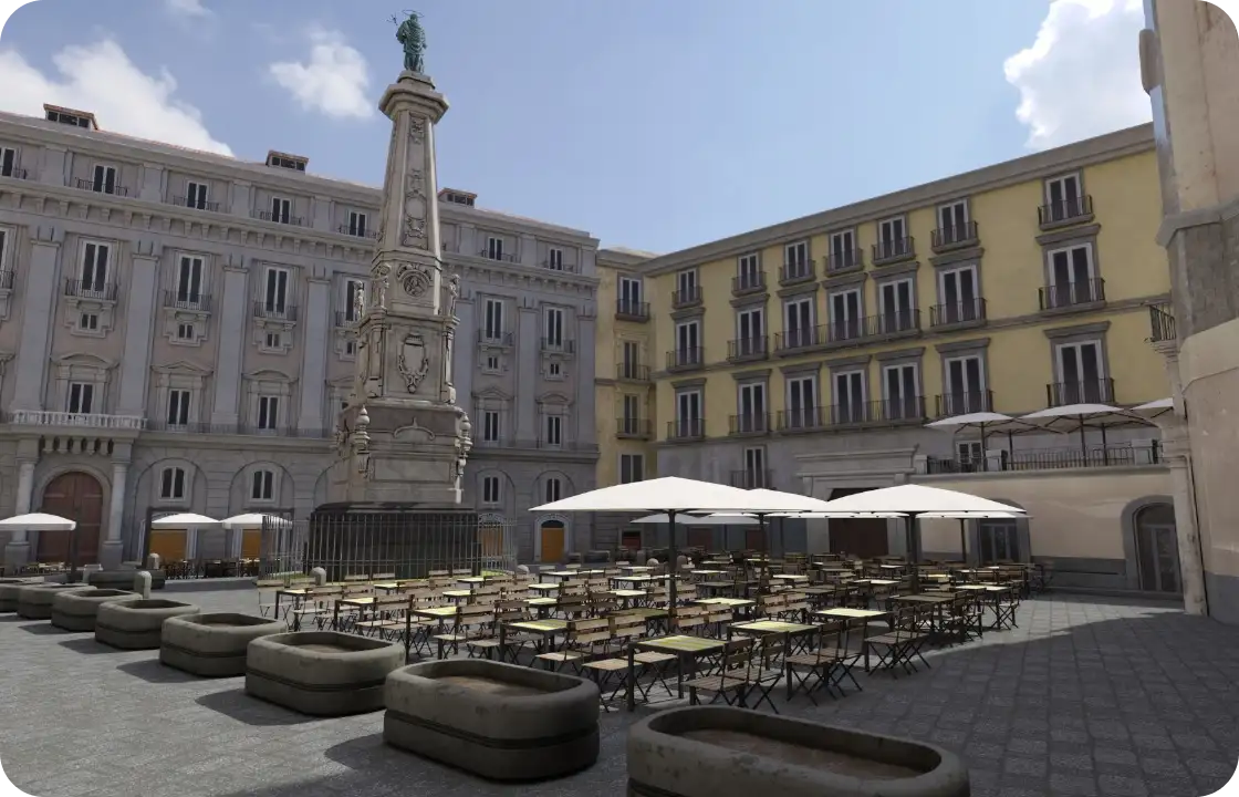 Piazza con numerosi tavoli e sedie all'aperto sotto ombrelloni bianchi, con una colonna monumentale al centro circondata da una ringhiera, in un'area urbana con edifici storici.