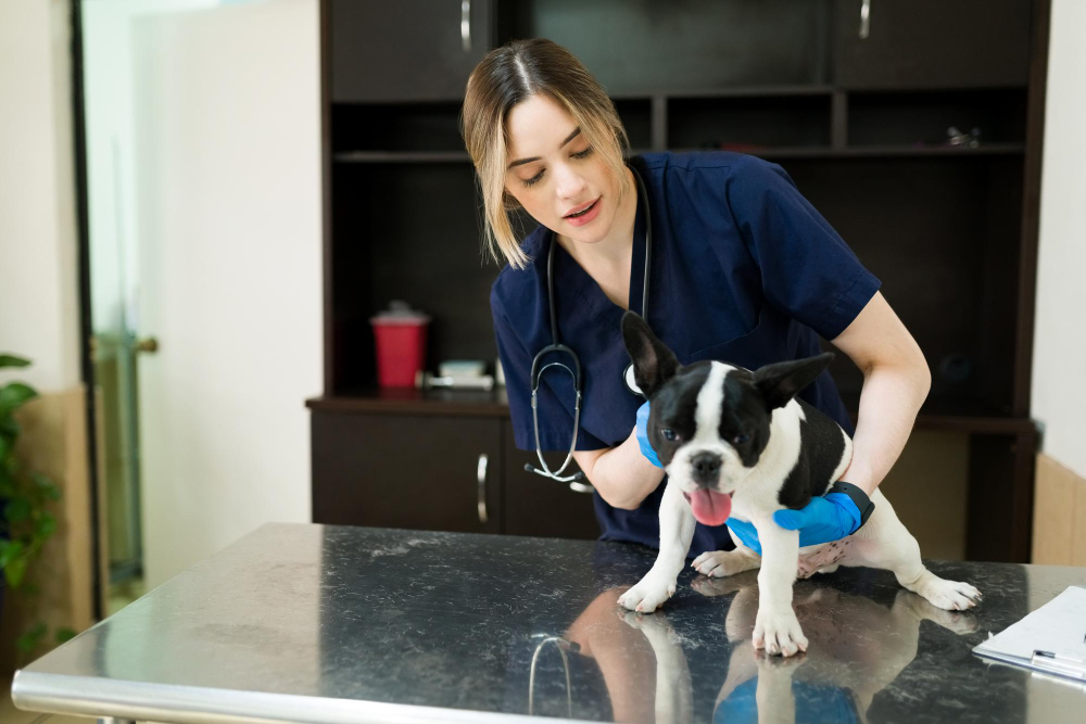 A veterinarian gently examining a happy dog or cat on an exam table in a bright, welcoming exam room