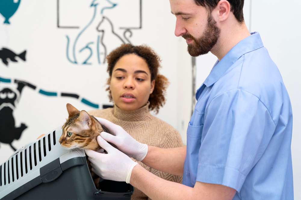 Veterinary team supporting a three-legged dog or cat during postoperative rehabilitation