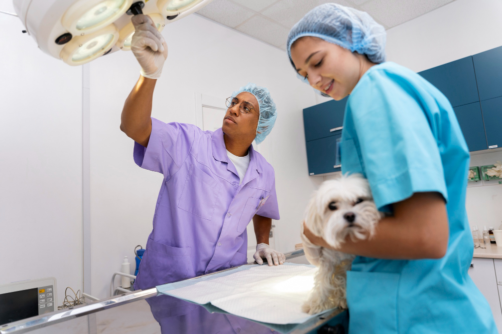 Caring veterinarian comforting a pet patient before surgery in a modern exam room