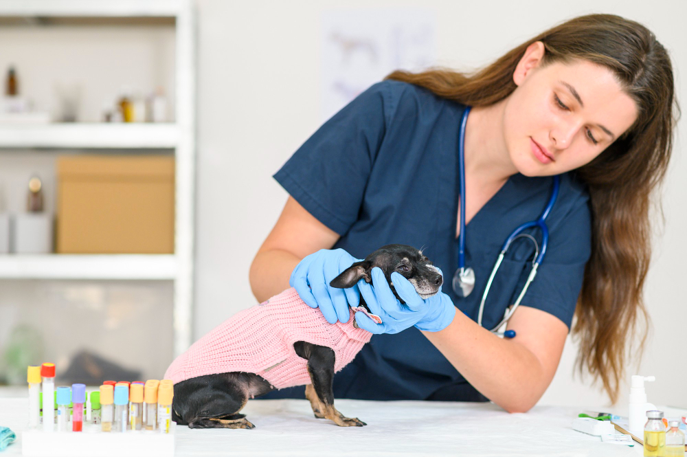 A veterinarian analyzing pet bloodwork or diagnostic samples in a modern animal hospital lab