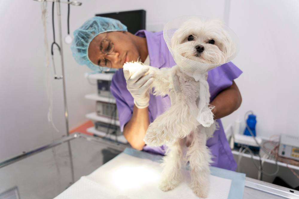 Veterinary team comforting a pet post-surgery in the recovery area
