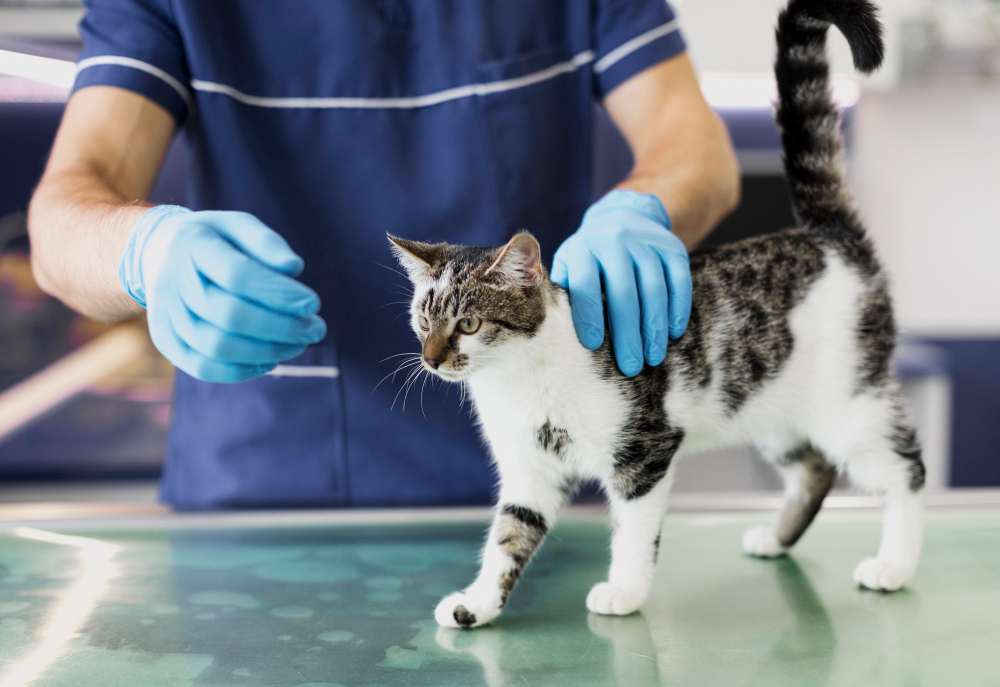 A caring veterinarian examining a pet in a calm, low-light clinic environment, evoking evening or after-hours care