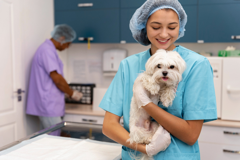 Surgical team preparing a dog or cat for surgery in a clean, well-equipped veterinary operating room
