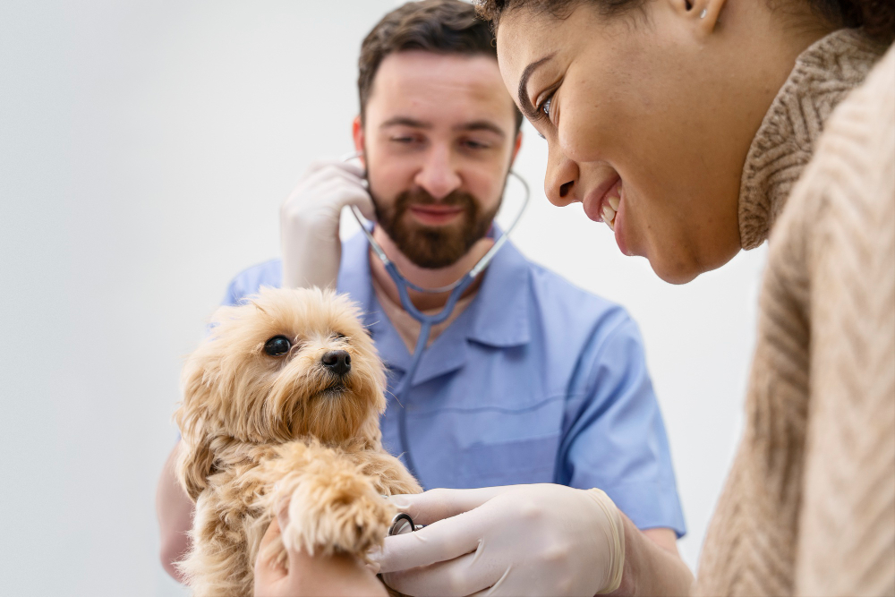 Friendly pet owner with cat or dog at veterinary clinic, smiling with veterinarian, showcasing wellness plan experience