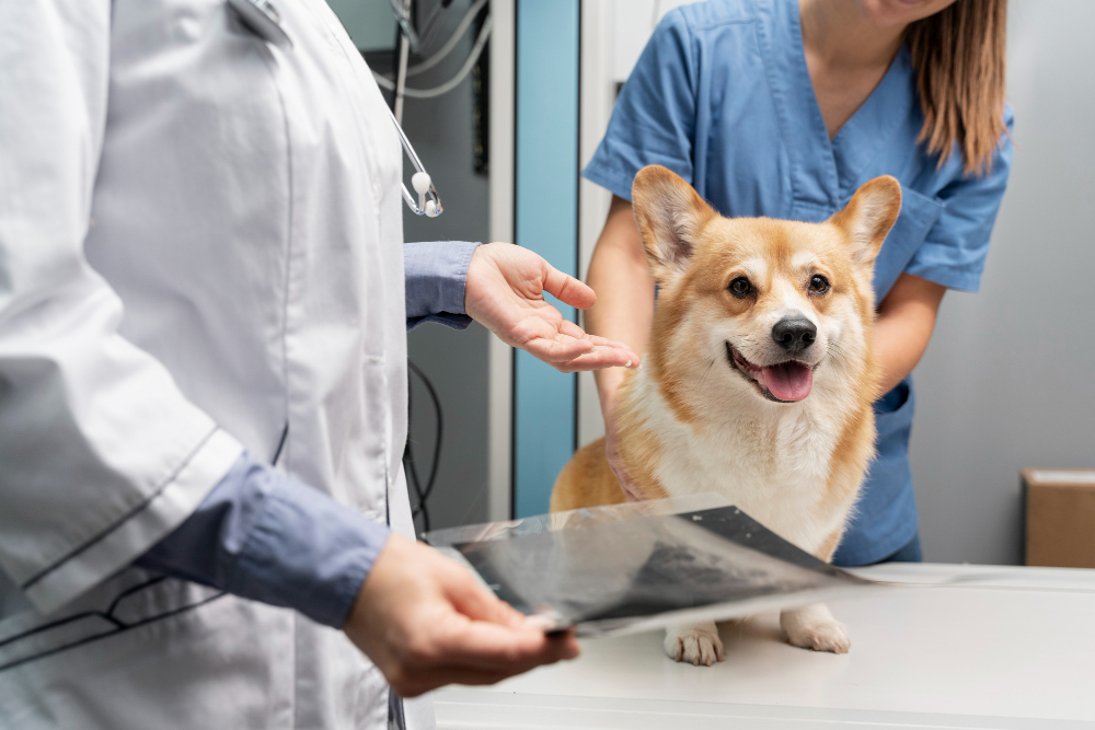 Veterinarian reviewing an X-ray image with a pet owner in a comfortable exam room