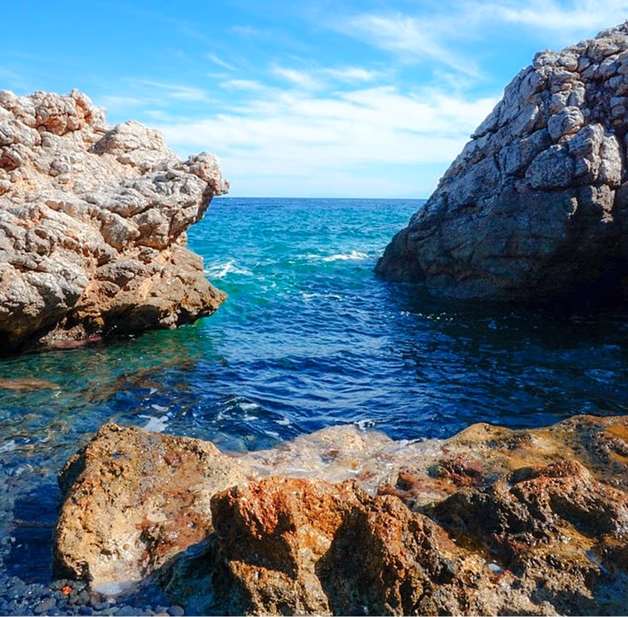 Clear blue sea water flowing between rocky cliffs under a partly cloudy sky.