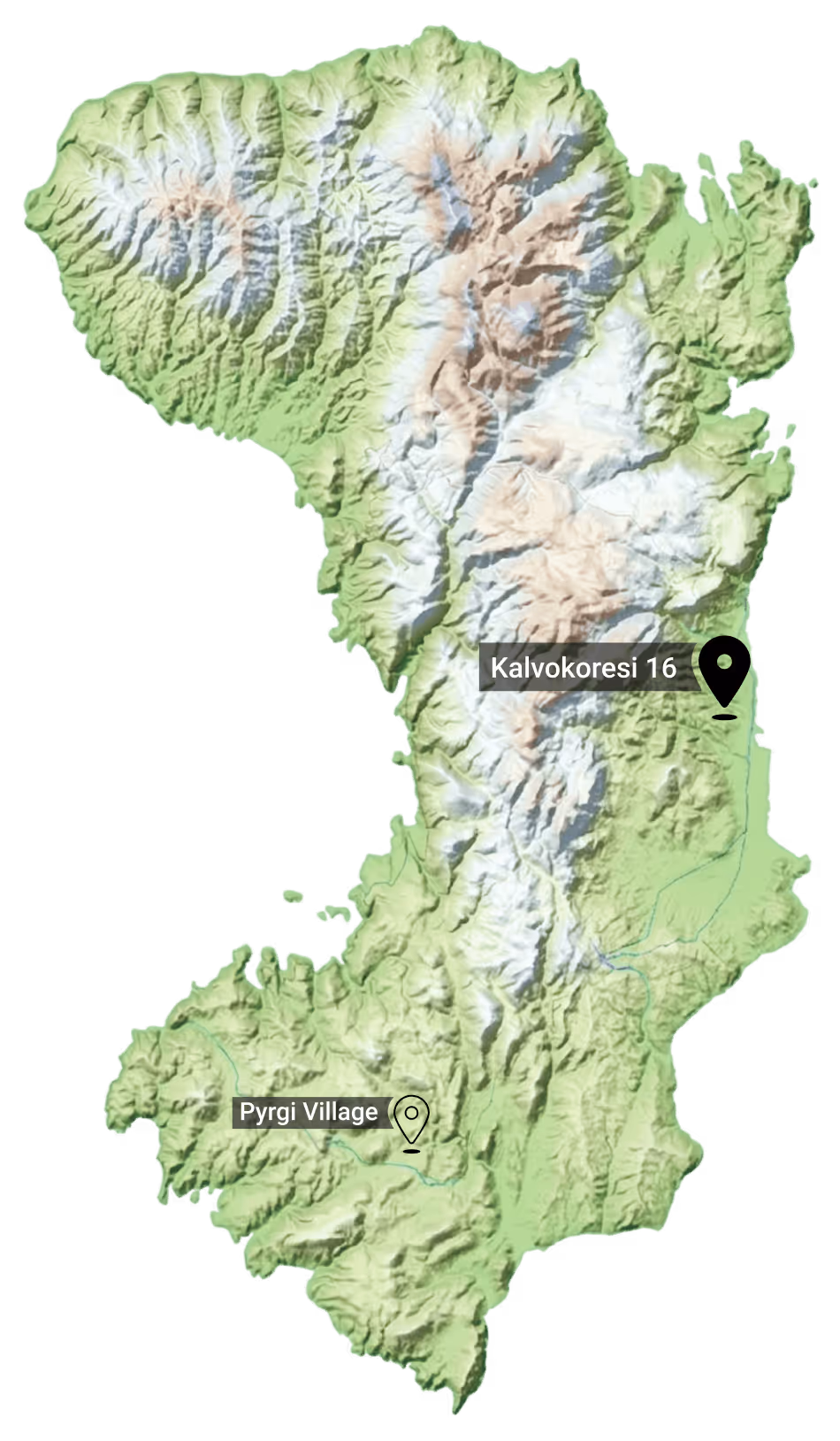 Topographic map showing mountainous terrain with labeled locations Kalvokoresi 16 and Pyrgi Village marked by map pins.