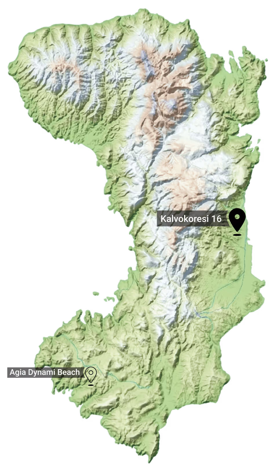 Topographic map showing mountainous terrain with marked locations at Kalvokoresi 16 and Agia Dynami Beach.