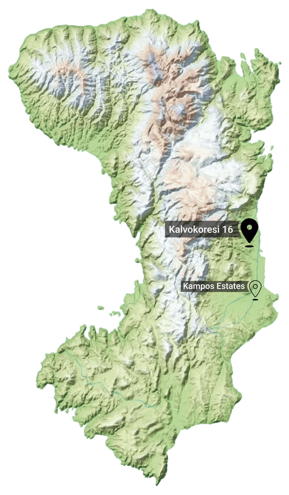 Topographic map showing mountainous terrain with two labeled locations, Kalvokoresi 16 and Kampos Estates.