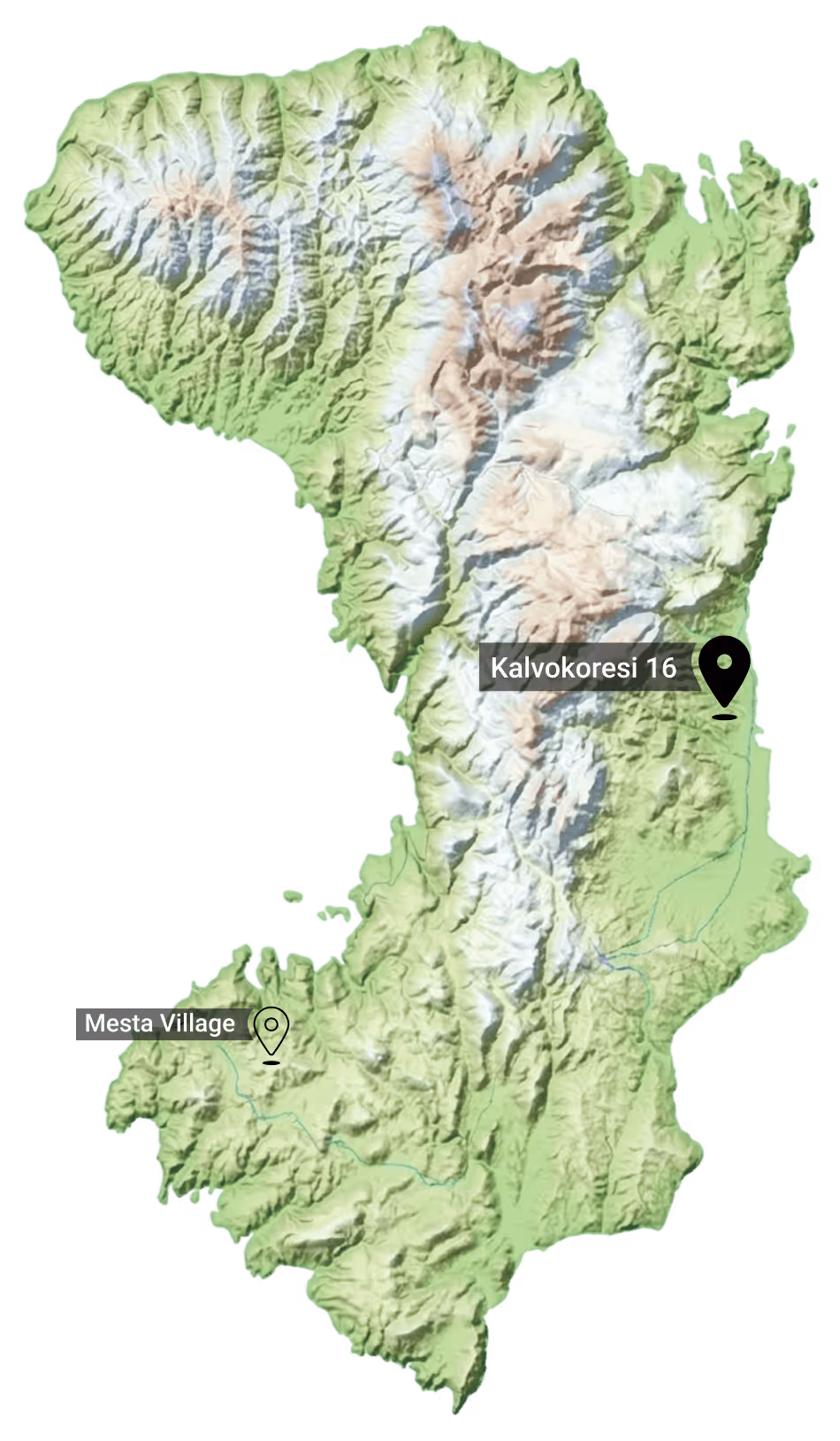 Topographic map of a mountainous region showing elevation with green, white, and brown shading, marking Kalvokoresi 16 and Mesta Village.