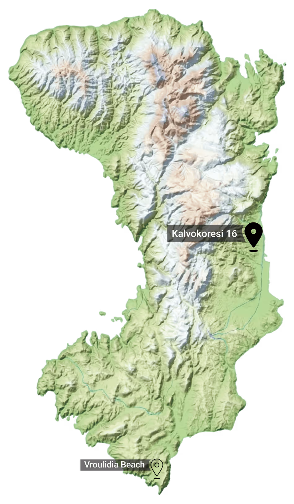 Topographic map of a mountainous island marked with locations Kalvokoresi 16 and Vroulidia Beach.