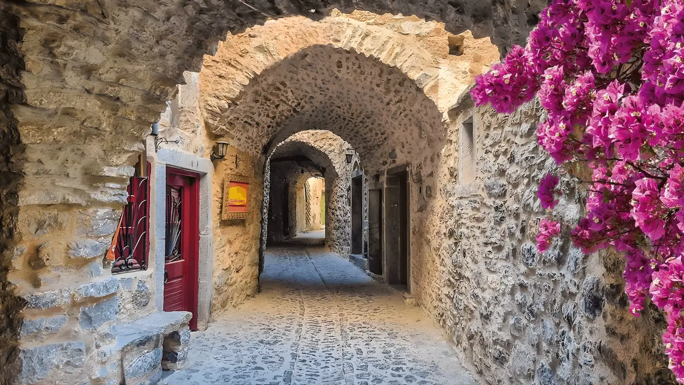 Narrow cobblestone street lined with old stone buildings and vibrant red flowers under a dramatic pink and purple sunset sky.