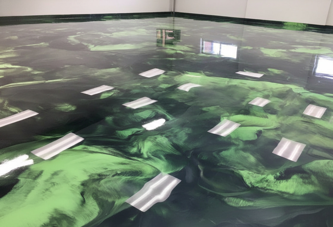 Shiny, glossy epoxy floor with swirling green and black marble-like patterns reflecting ceiling lights and windows.