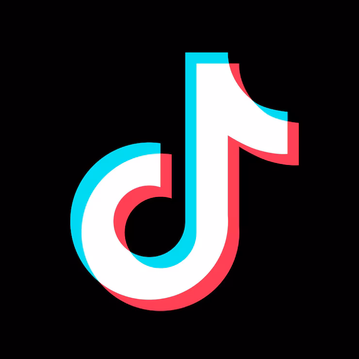 TikTok logo with a white musical note and red and blue shadows on a black background.