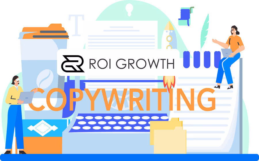 Illustration mit Menschen, die an Laptops arbeiten, umgeben von einer Kaffeetasse, Schreibmaschine, Notizblock und Symbolen, mit Copywriting-Text und ROI Growth Logo.