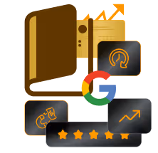 Grafik mit einem geöffneten braunen Ordner, Google-Logo, Bewertung mit fünf Sternen, Aufwärtspfeilen und Symbolen für Analyse und Leistung.