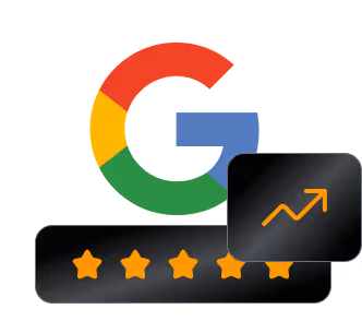 Google-Logo mit fünf goldenen Sternen und einem Symbol für Wachstum oder Anstieg.