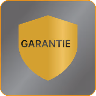 Goldfarbenes Schild mit dem schwarzen Text 'GARANTIE' auf einem abgerundeten schwarzen Hintergrund.