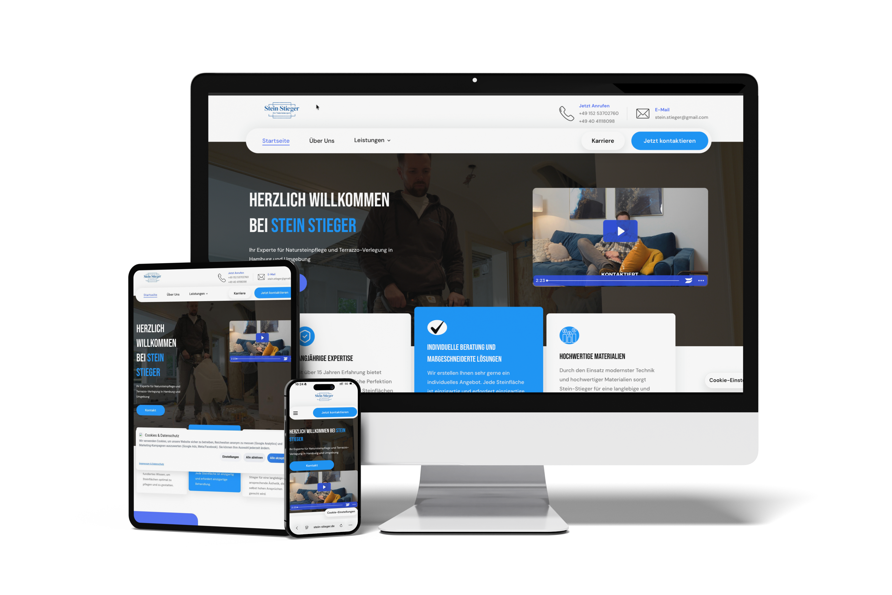 Website für Luxus-Wimpernverlängerungen angezeigt auf iMac, MacBook, iPad und iPhone mit dem Slogan ‚Minimal. Elegant. Zeitlose Schönheit für jeden Anlass.‘