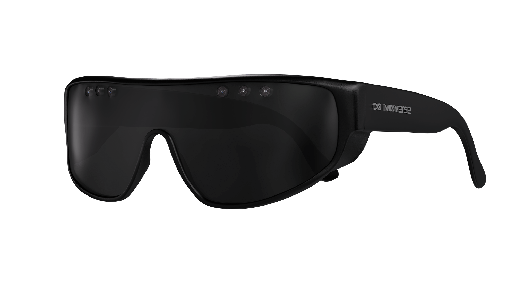 Black smart glasses with dark tinted wraparound lenses and cameras on the front, branded Mixverse on the temple.