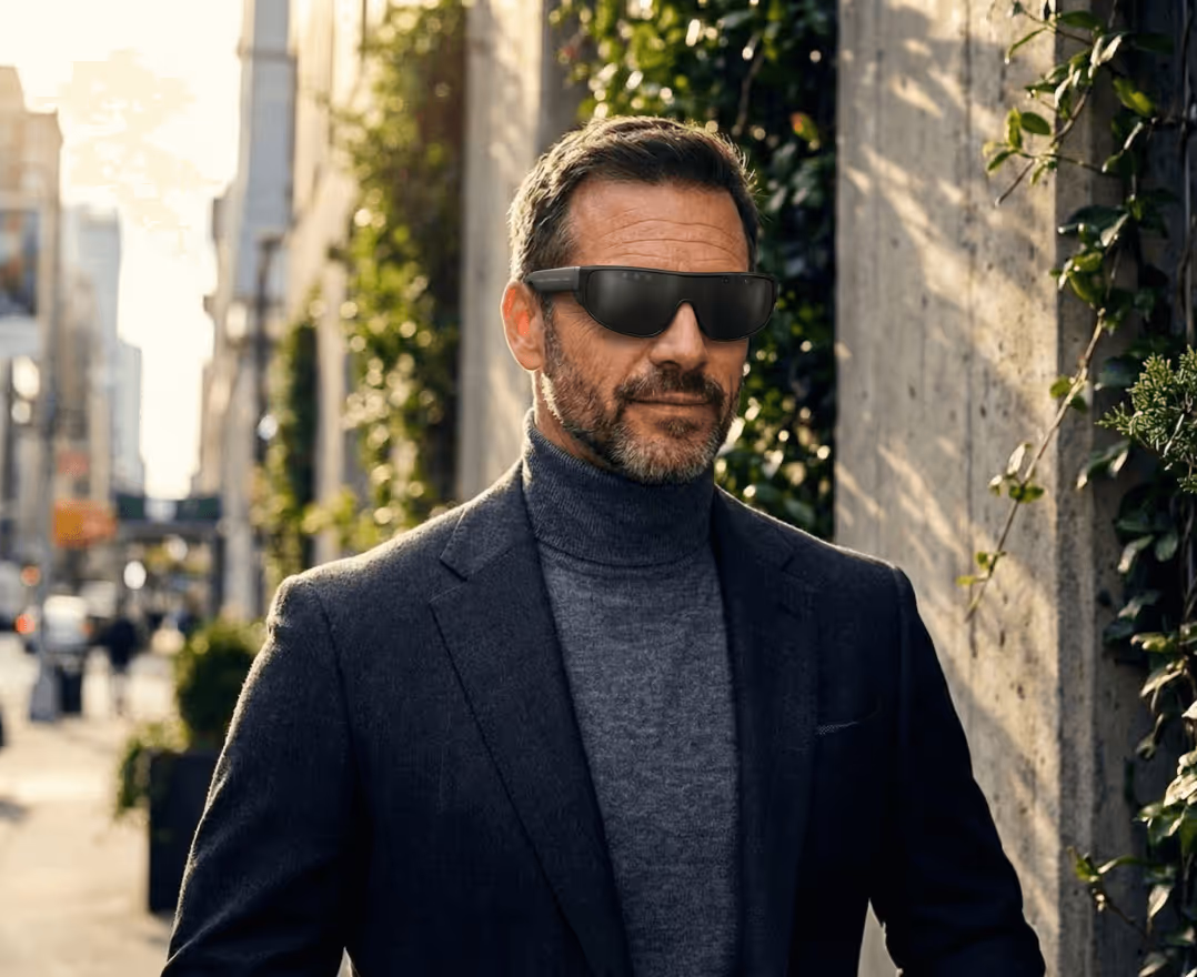 Bearded man wearing a dark blazer, gray turtleneck, and Mixverse black smart glasses standing outdoors by a concrete wall with greenery.
