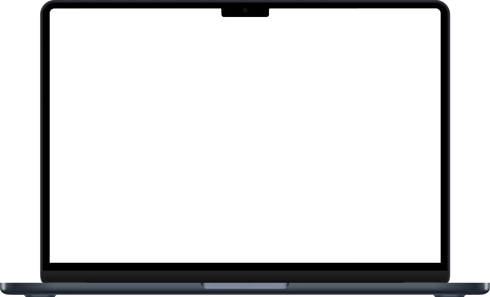 Open laptop with black screen centered on a white background.