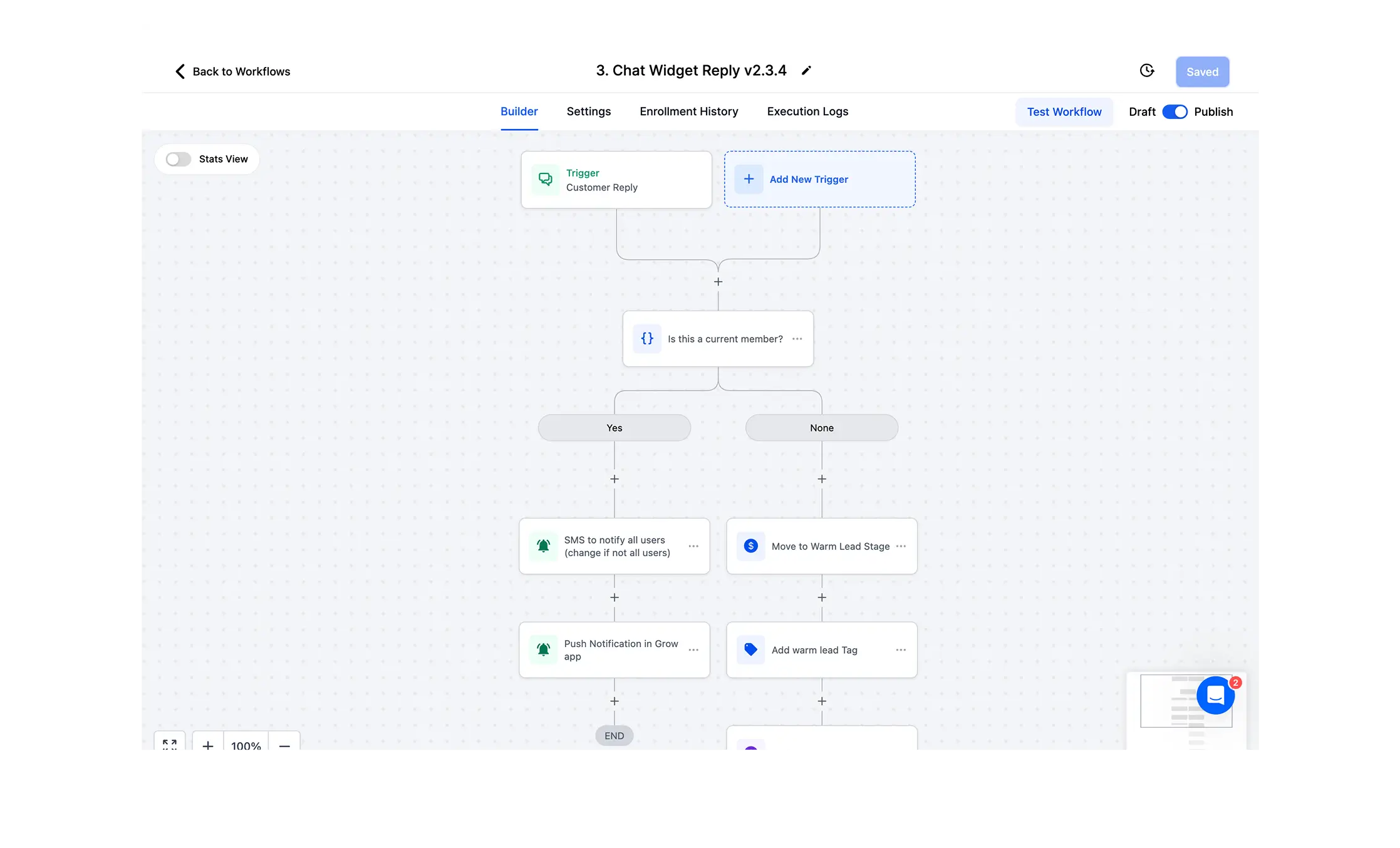 Workflow builder interface showing a chat widget reply setup with triggers and conditional branches for member status, including SMS and push notifications or lead stage updates.