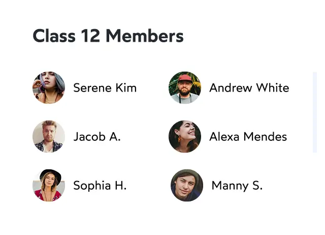 Profile photos and names of Class 12 Members: Serene Kim, Andrew White, Jacob A., Alexa Mendes, Sophia H., and Manny S.