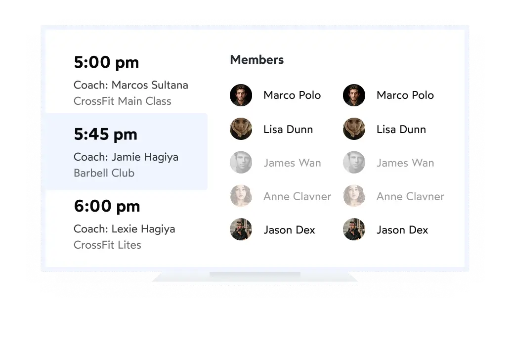 Schedule showing CrossFit classes at 5:00 pm with Coach Marcos Sultana, 5:45 pm with Coach Jamie Hagiya, and 6:00 pm with Coach Lexie Hagiya, alongside members listed with photos and names.