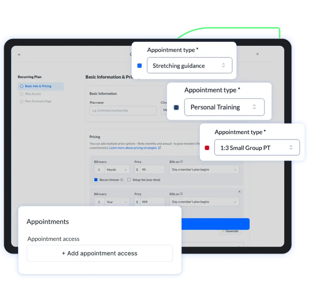 Tablet screen showing recurring plan setup with appointment type options: Stretching guidance, Personal Training, and 1:3 Small Group PT, plus add appointment access button.