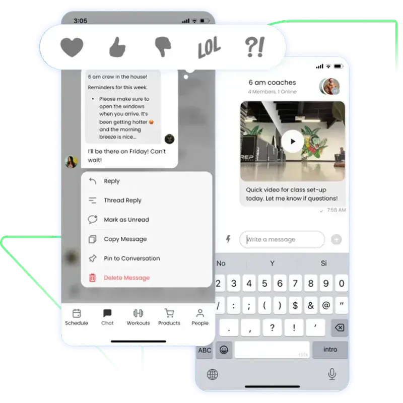 Mobile app chat screen showing a conversation with message options like reply, mark unread, copy, pin, and delete, along with reaction emojis and a video message preview.