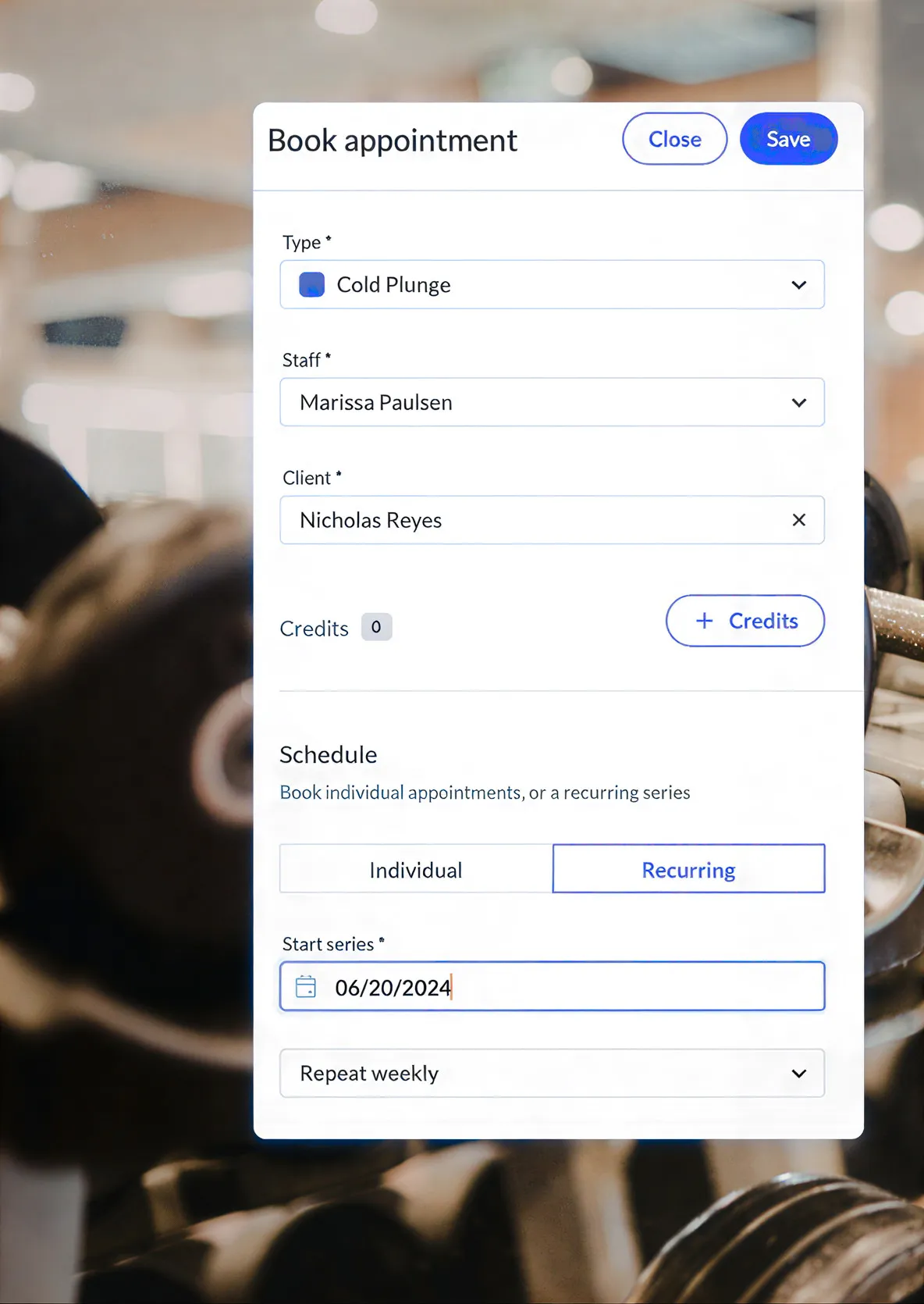 Book appointment form selecting Cold Plunge type, staff Marissa Paulsen, client Nicholas Reyes, recurring schedule starting on 06/20/2024 with weekly repeats.