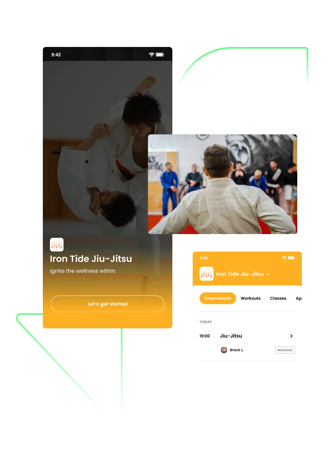 Mobile app screens for Iron Tide Jiu-Jitsu showing a login page with martial artists practicing and a reservations page with a booked Jiu-Jitsu class.