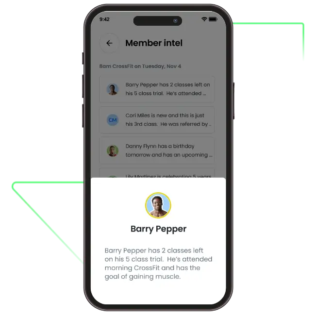 Mobile screen showing a Member Intel app with details about Barry Pepper, who has 2 classes left on a 5-class CrossFit trial aiming to gain muscle.
