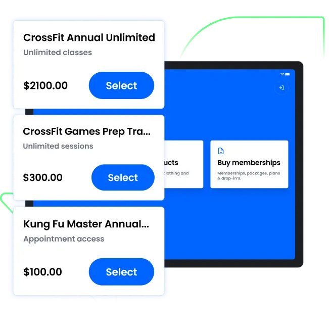 Tablet screen showing membership options with prices: CrossFit Annual Unlimited $2100, CrossFit Games Prep $300, Kung Fu Master Annual $100, each with a blue Select button.