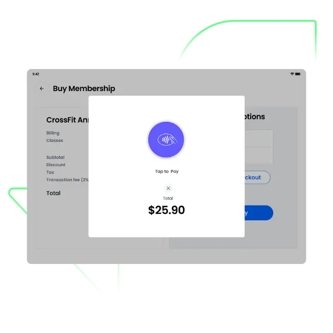 Screen showing a membership purchase with a popup displaying a contactless payment icon, text 'Tap to Pay', and total amount $25.90.