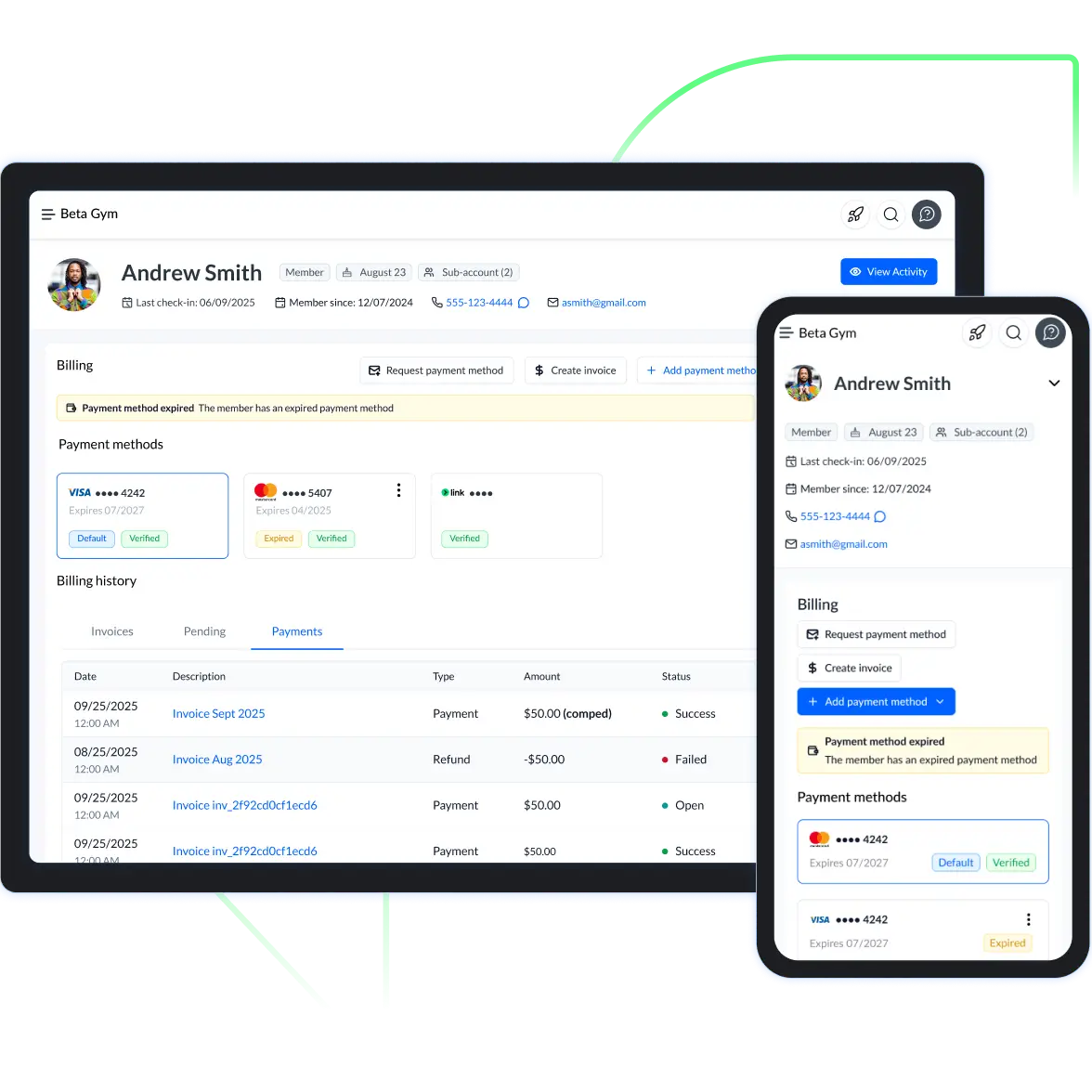 User profile and billing management dashboard for Andrew Smith showing payment methods, billing history, and status messages on desktop and mobile views.