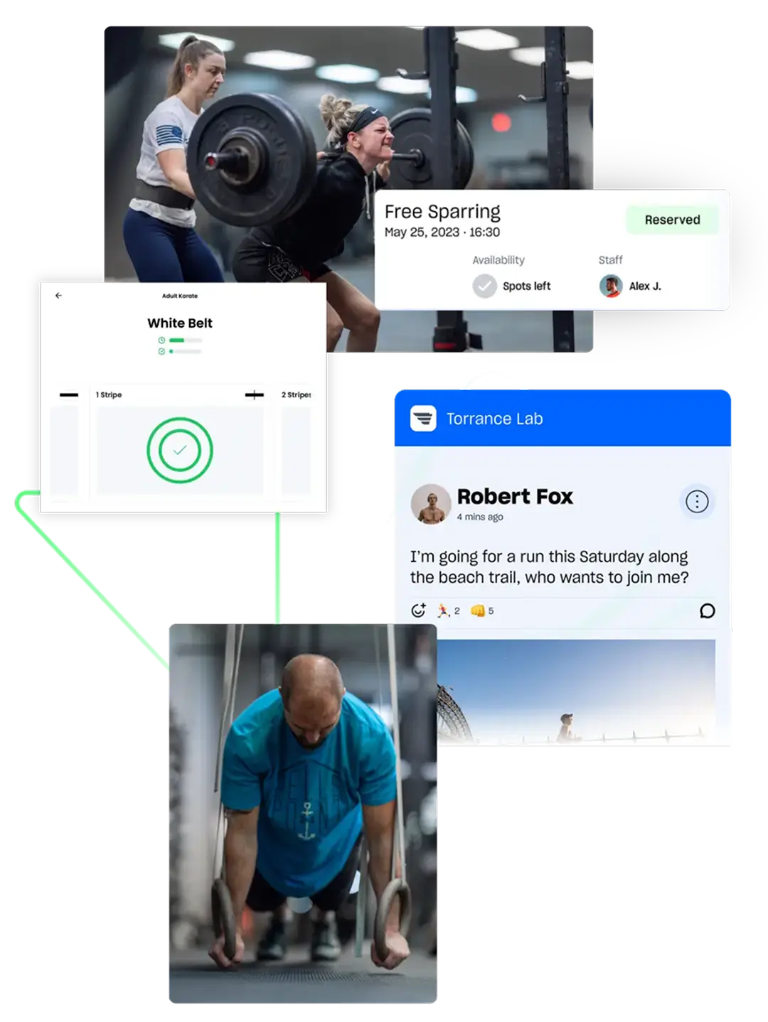 Collage showing a woman doing a back squat with a spotter, a man exercising with gymnastic rings, a karate app screen displaying a White Belt status, a sparring session reservation, and a social media post inviting a run on the beach trail.