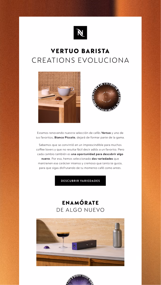Design of an email promoting Nespresso Vertuo Barista coffee capsules and cups displayed on wooden surfaces with text about new coffee varieties.