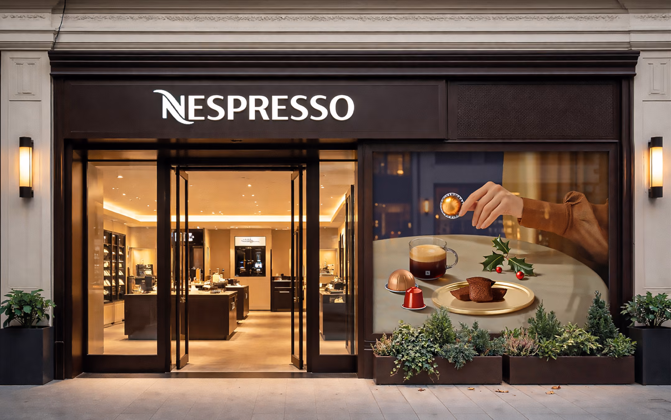 Nespresso store front with open doors and window display featuring coffee, capsules, and chocolate treats.