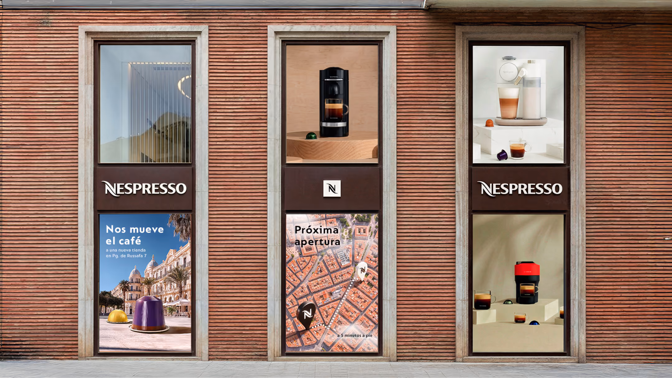 Nespresso store front with coffee machines, pods, and signs promoting a new store opening in a city.