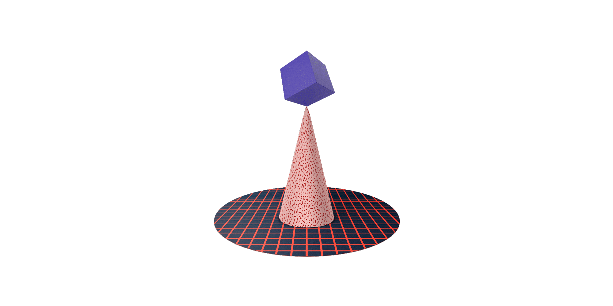Purple cube rotating above a pink patterned cone on a black and red grid circle on beige background.