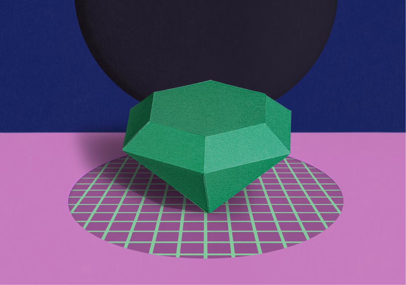 Green geometric paper shape on purple surface with green grid circle and dark background sphere.