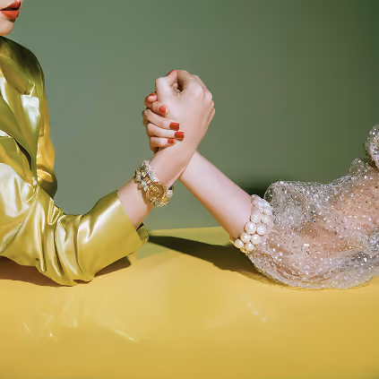 Two people arm wrestling, one wearing a green satin sleeve and the other a sheer beaded sleeve.