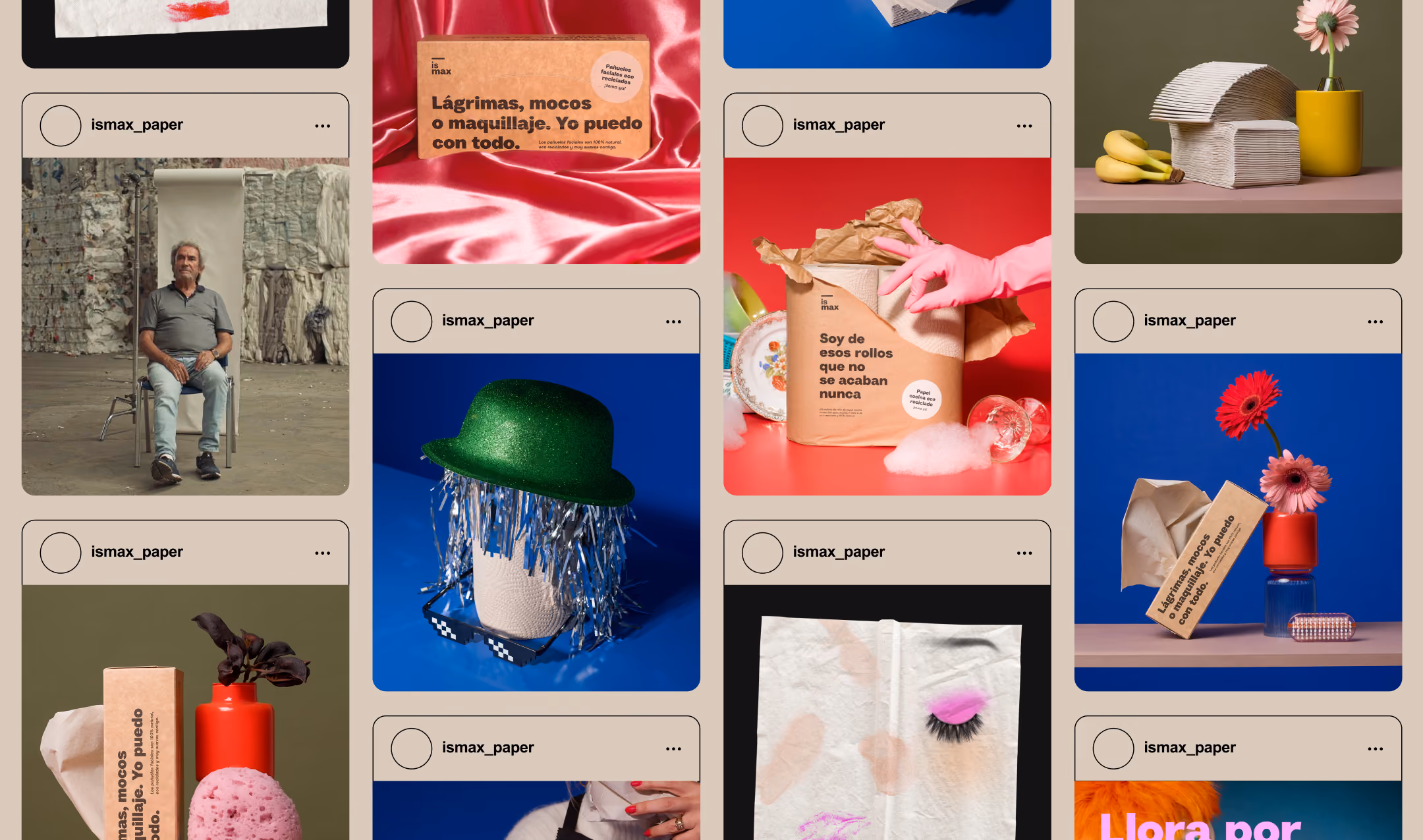 Collage of creative product photos featuring ismax paper rolls with colorful backgrounds and props.