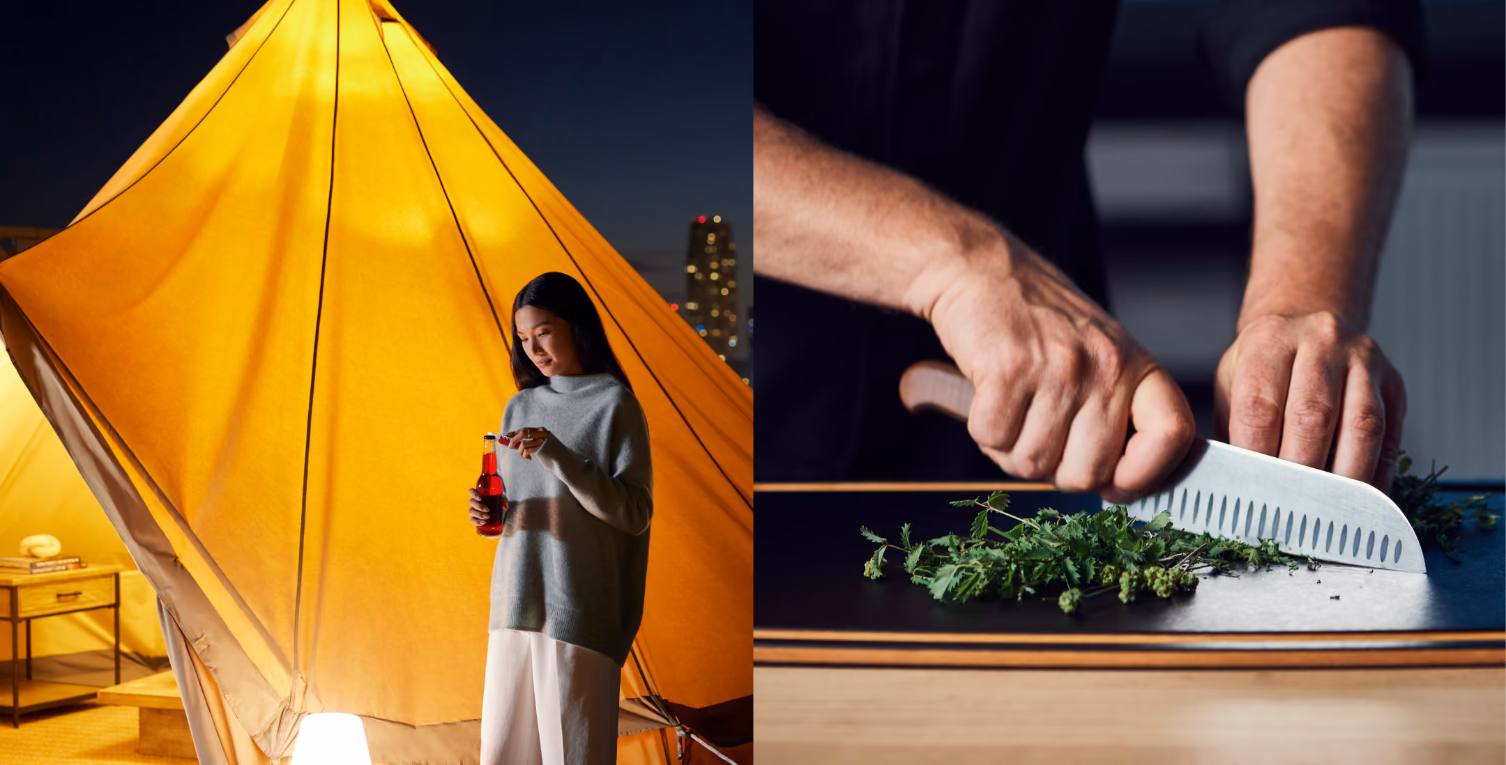 Left: Woman opening a drink by a lit yellow tent at night. Right: Hands chopping green herbs on a cutting board.
