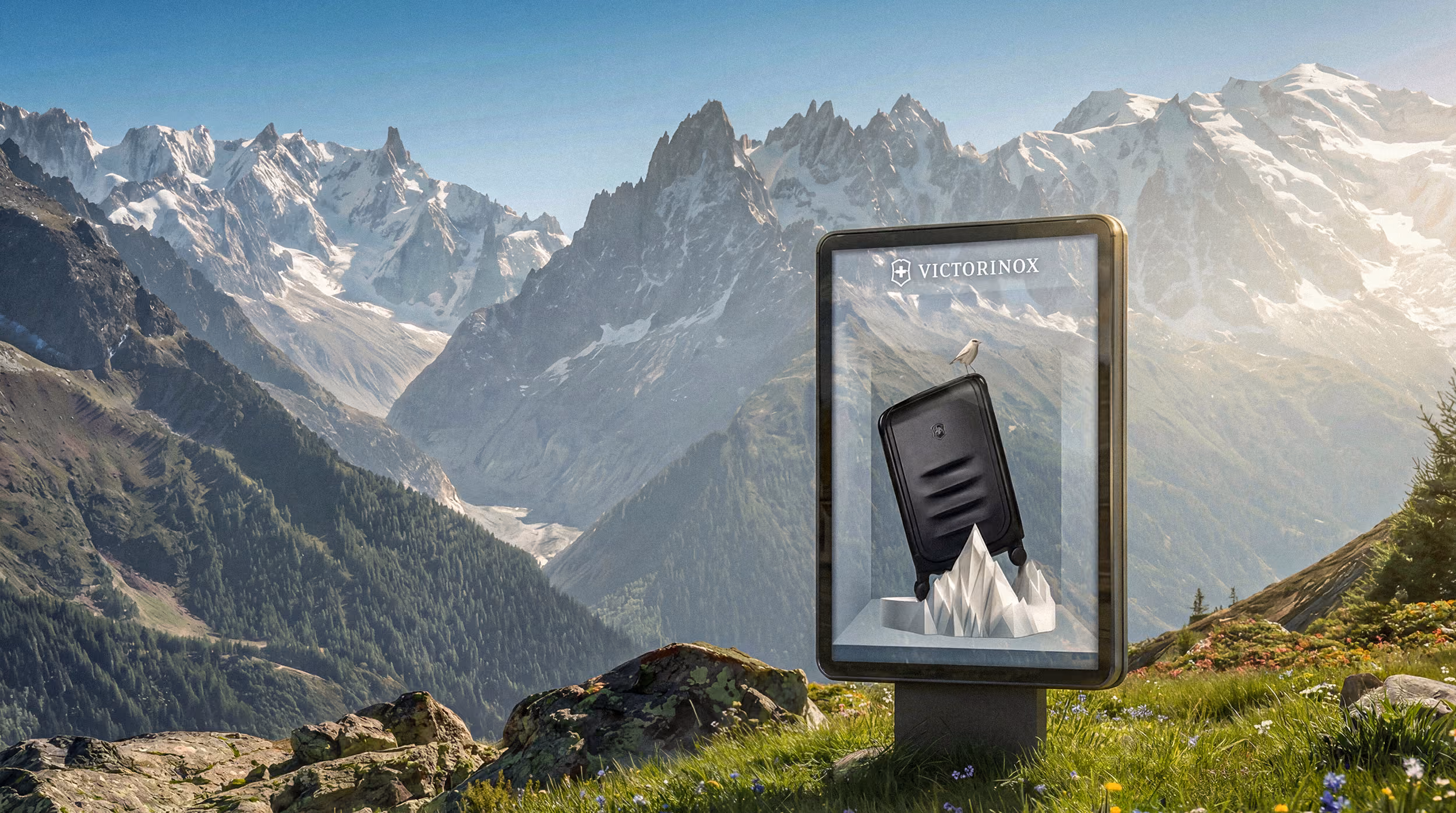 Victorinox luggage ad displayed on a mountain with snowy peaks and green valley in the background.
